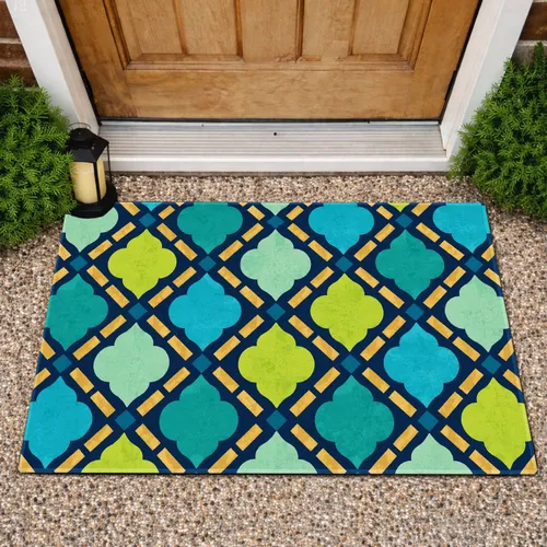 Teal And Lime Quatrefoil Motifs For A Colorful Modern Entryway, Contemporary Home Doormat