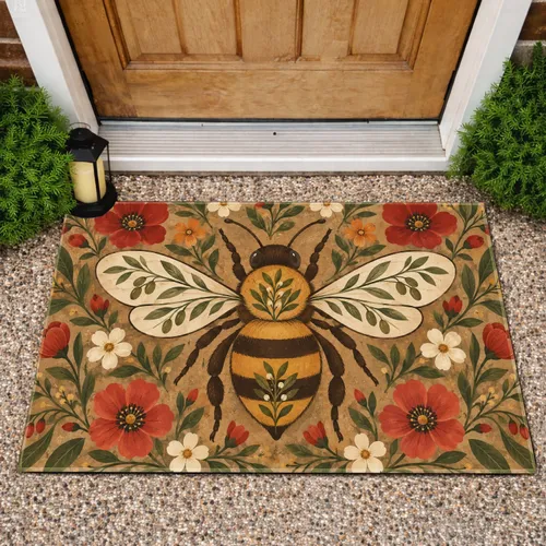 Vintage Floral Bee Garden Motif for Rustic Country Home Entryway and Cottage Style Doormat