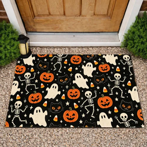 Halloween Ghosts, Skull Skeletons and Pumpkin Candy for Spooky October Entryways Doormat