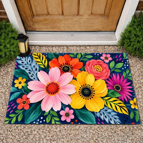 Vibrant Pop Floral Blooms for Colorful Farmhouse Entryways and Cheerful Everyday Living Doormat