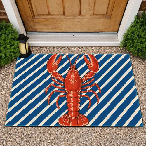 Red Lobster on Nautical Blue Stripes for Coastal Homes and Seaside Inspired Living Doormat