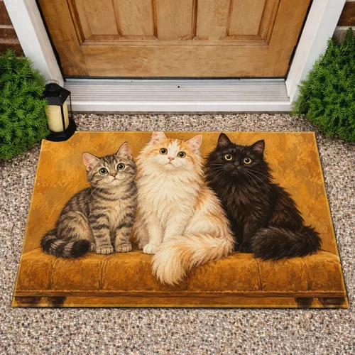 Three Curious Cats on an Ochre Sofa for Cozy Farmhouse Homes and Cat Lovers Everywhere Doormat