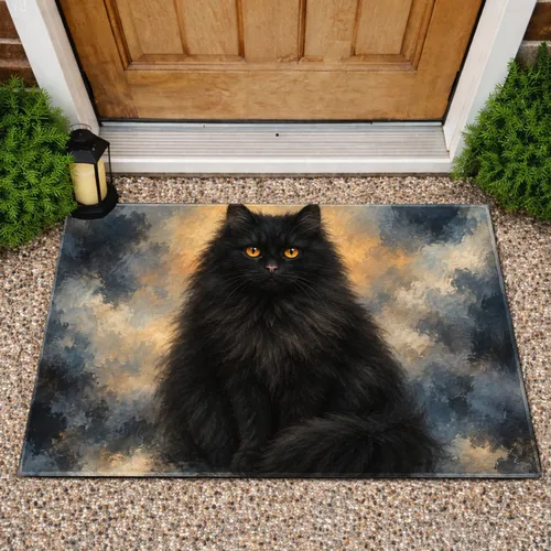 Glowing-Eyed Black Cat Portrait for Cozy Pet-Loving Homes, Feline Fans and Cat Lovers Doormat