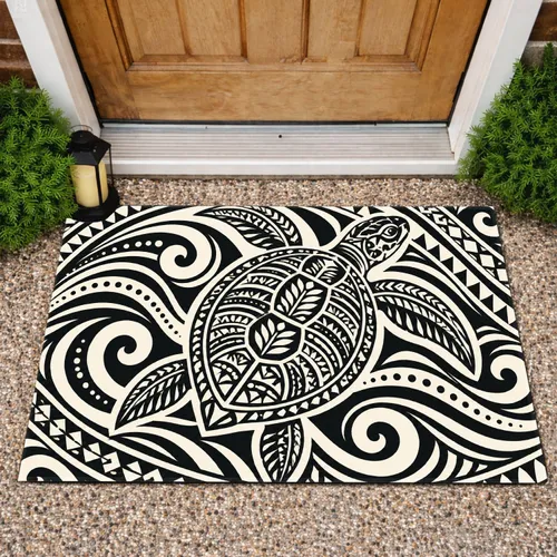 Black And White Ornamental Turtle Motif For Coastal Entryway Style And Nature Lovers Doormat