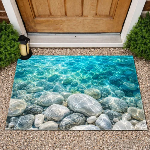 Turquoise Seawater And White Pebbles For A Calm Coastal Entryway And Serene Home Style Doormat