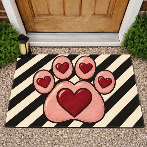 Valentine Heart Paw Print With Bold Stripes for Pet Lovers and Romantic Homes Doormat