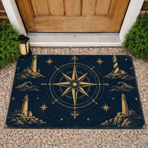 Antique Compass Rose And Lighthouse Scene For Nautical Coastal Home Style Doormat