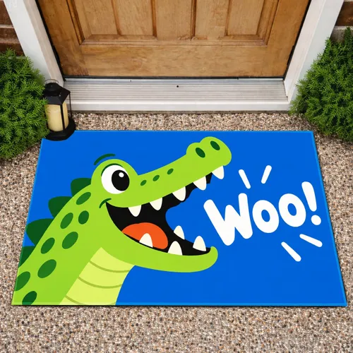 Green Alligator with Open-Mouth Cheer for Playroom Fun and Playful Kids’ Spaces Home Decor Doormat