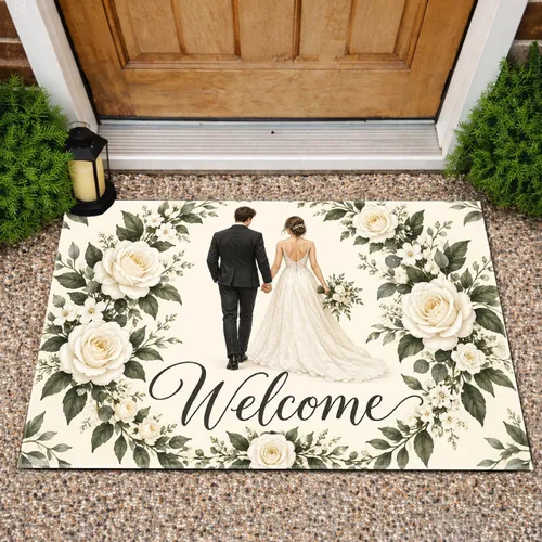 Wedding Couple With Ivory Roses And Greenery For A Romantic Bridal Home Entry Welcome Doormat