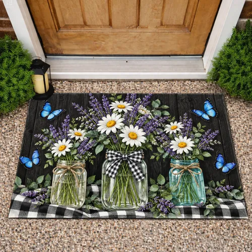 Lavender Daisy Jar Still Life For Rustic Farmhouse Entryway Style Doormat