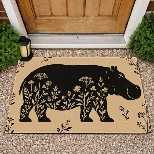 Black Hippo Wildflower Silhouette for Nature Loving Homes and Animal Lovers Gift Idea Doormat