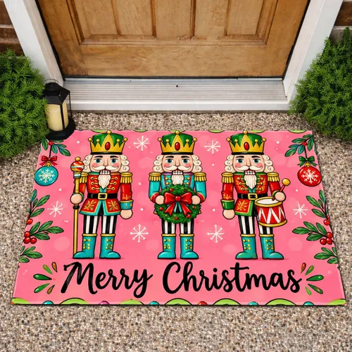 Three Colorful Nutcracker Soldiers for a Merry Christmas Holiday Entryway Celebration Doormat