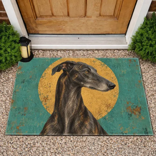 Vintage Greyhound Portrait with Golden Halo for Timeless Dog-Loving Entryway Style Doormat