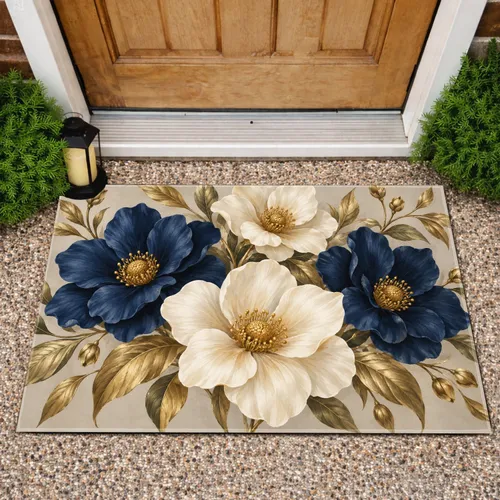 Navy Ivory Gold Floral Bouquet for Elegant Home Entryway Style Doormat