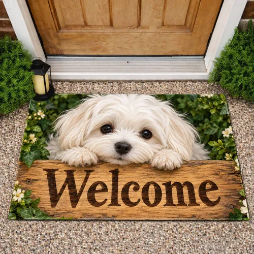 Maltese Puppy Welcome With Rustic Wood and Greenery for Dog Lovers Doormat