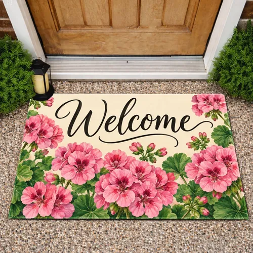 Pink Geranium Welcome Florals for a Cheerful Entryway and Warm Everyday Homecoming Doormat