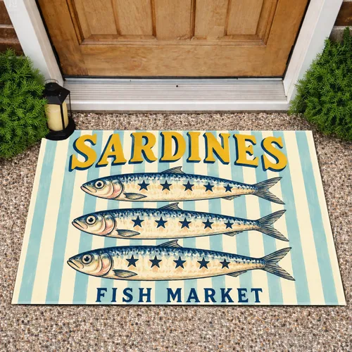 Vintage Sardines and Blue Cream Stripes for Coastal Homes and Seafood Lovers Doormat