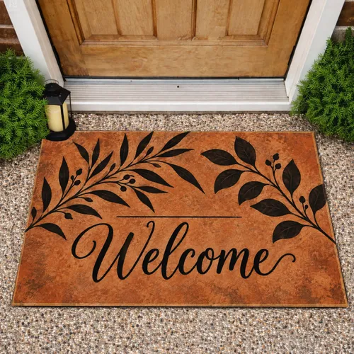 Rustic Welcome Lettering With Botanical Branches For A Warm, Nature-Inspired Entryway Doormat