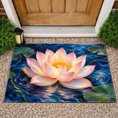 Pink Lotus on Midnight Water for Serene Spa-Inspired Homes and Meditation Spaces Doormat