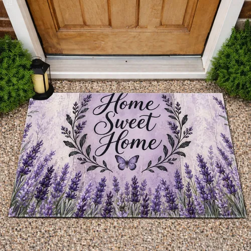 Lavender Home Sweet Home Welcome Scene for Cozy Cottage Entryway and Garden Lovers Doormat