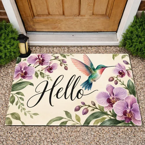 Watercolor Hummingbird and Orchid Hello Greeting for a Nature-Inspired Entryway Doormat
