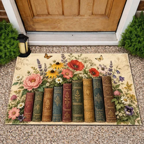 Vintage Books And Wildflowers For A Cozy Reading Nook And Cottagecore Home Decor Doormat