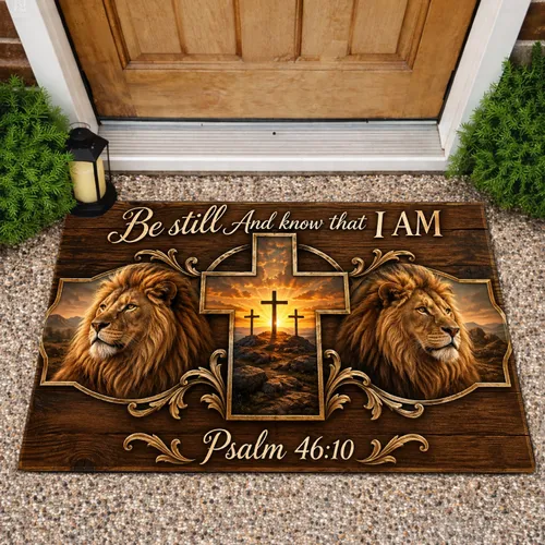 Lion And Cross Scripture Scene for Faith-Filled Christian Home Entryway Inspiration Doormat