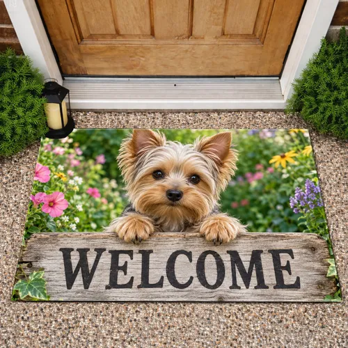 Yorkshire Terrier Puppy Welcome Scene for Dog Lovers and Cheerful Home Entrances Doormat