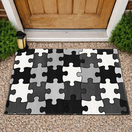 Black And White Jigsaw Puzzle Pieces For Modern Entryways And Playful Home Decor Doormat