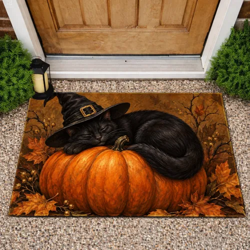 Black Cat In Witch Hat Resting On Pumpkin For Cozy Halloween Entryway Seasonal Decor Doormat