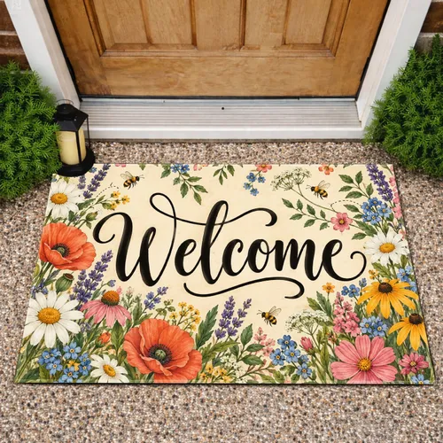 Colorful Wildflower Welcome Lettering for Cheerful Home Entry and Everyday Living Doormat