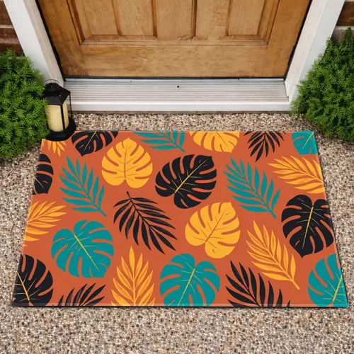 Tropical Leaf Motif in Terracotta, Turquoise and Gold for a Sunny Home Entry Doormat