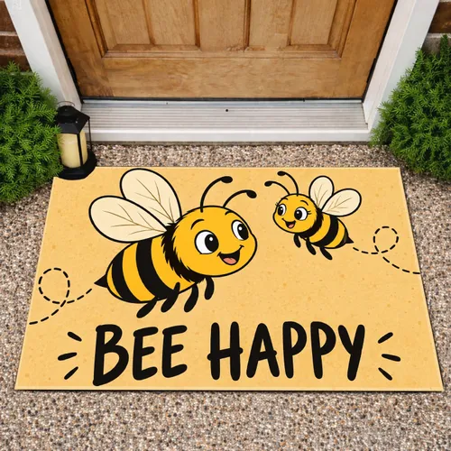 Two Cheerful Honeybees with Bee Happy Lettering for a Sunny, Welcoming Home Entry Doormat