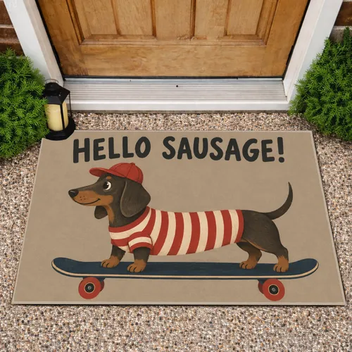 Dachshund Skateboarder With Red Striped Shirt for Quirky Dog Lover Homes Doormat