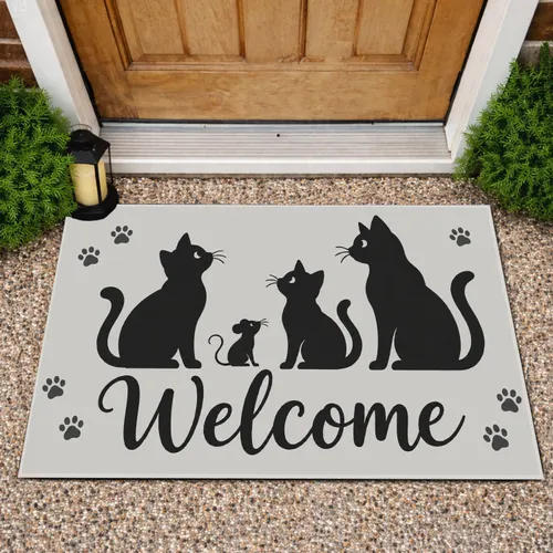 Black Cat Silhouettes and Mouse Welcome for Cat Lovers’ Entryway Housewarming Gift Doormat