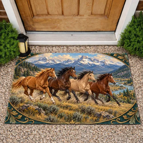 Four Running Horses Across Mountain Valleys for Rustic Western Country Home Style Doormat