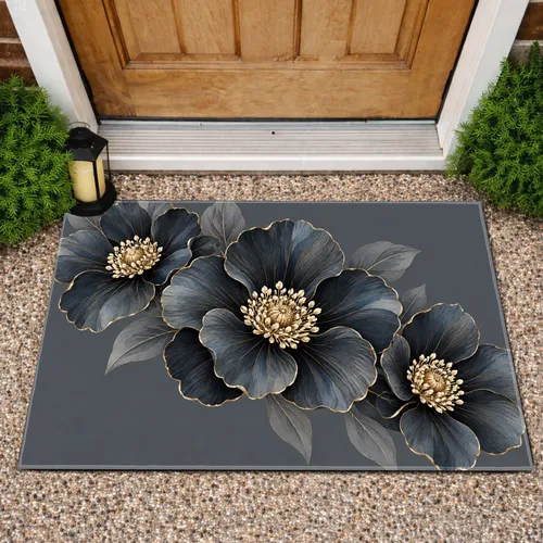 Three Charcoal Gray and Gold Floral Blooms for Calm, Elegant Everyday Home Entryways Doormat