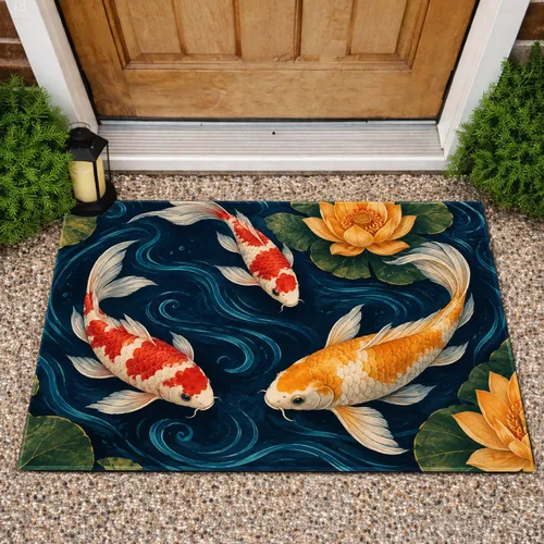 Three Koi Fish and Lotus Blooms for Serene Japanese Inspired Home Living Doormat