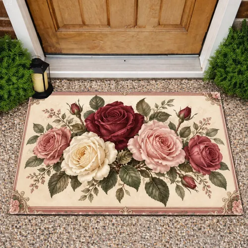 Vintage Burgundy Rose Bouquet for Romantic Farmhouse Entryways and Cottage Home Style Doormat