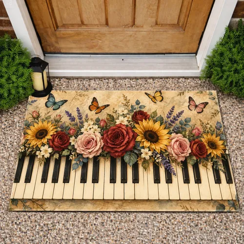 Vintage Piano Keys, Roses And Butterflies For Music Lovers And Colorful Home Entryways Doormat