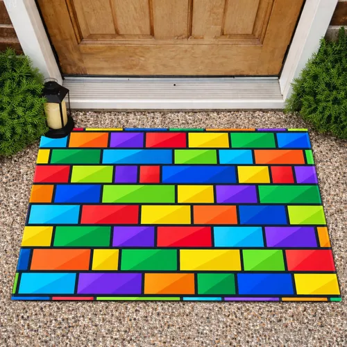 Vibrant Rainbow Geometric Blocks for a Cheerful Entryway and Playful Everyday Home Doormat