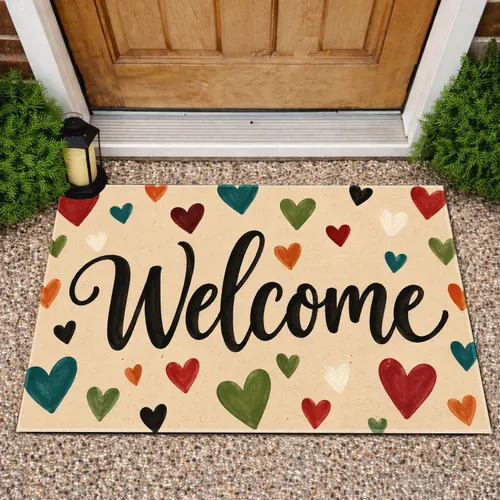 Colorful Heart Welcome Lettering for Cheerful Entryway and Cozy Home Styling Doormat