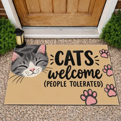 Funny Cat Welcome People Tolerated Entryway Greeting for Cat Lovers and Pet Owners Doormat