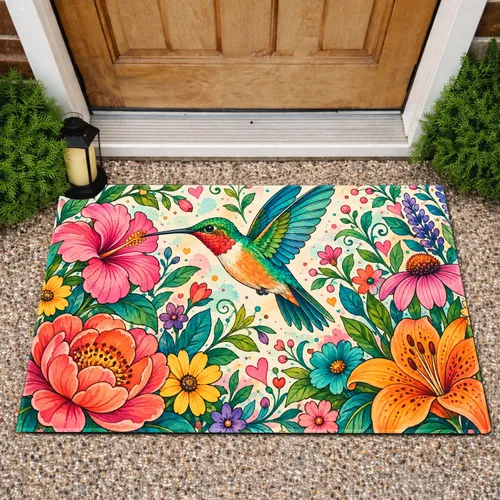 Colorful Hummingbird and Wildflower Garden for Cheerful Entryways and Nature Lovers Doormat