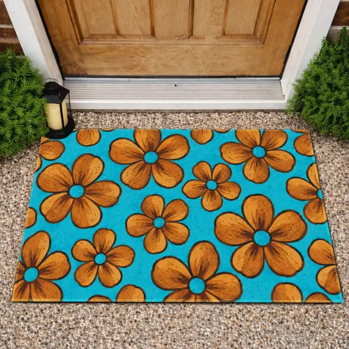 Turquoise Blue And Brown Daisy Blooms For Cheerful Cottage Entryway And Home Style Doormat