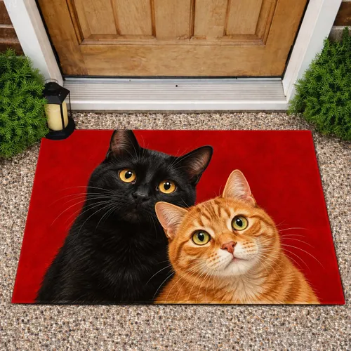 Black And Ginger Cats Peeking Together For A Cozy Cat Lover Home Entryway Charm Doormat