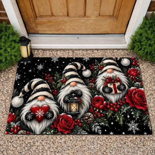 Three Christmas Gnomes With Striped Hats And Red Roses For A Cozy Winter Holiday Entryway Doormat