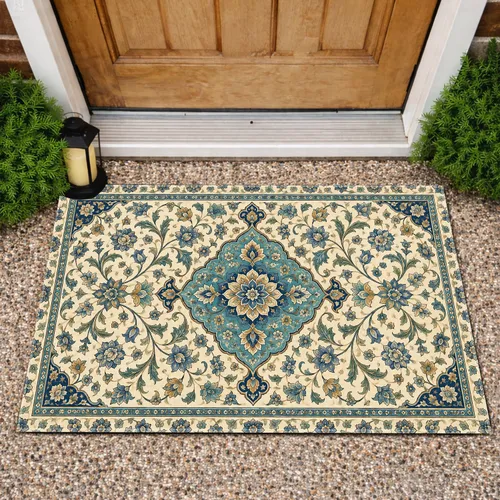 Persian Blue Floral Medallion Motif for Elegant Entryways and Timeless Home Style Doormat