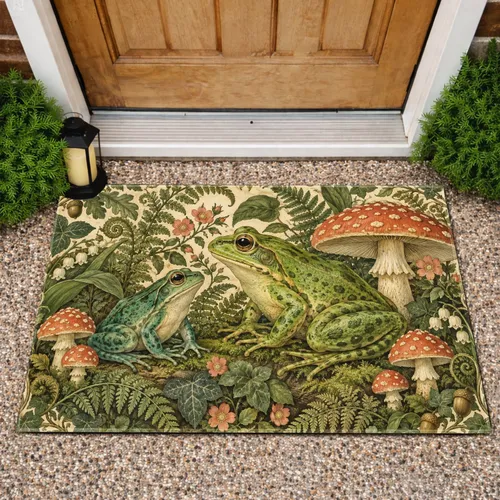 Vintage Green Frogs and Mushrooms for Whimsical Woodland Entryway Home Charm Doormat