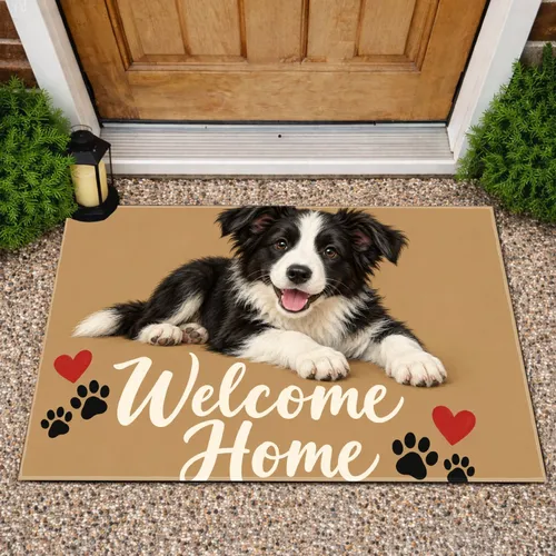 Border Collie Puppy With Hearts And Paw Prints For A Cozy Dog Lover Entryway Welcome Doormat